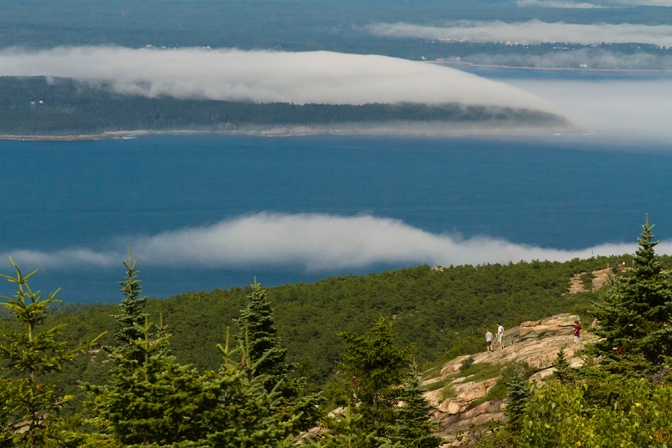 Coastal fog drapped over the islands of Frenchman Bay along the coast of Maine seen from Cadillac Mountain in Acadia National Park. Sue Pischke, ©2013 ALL RIGHTS RESERVED